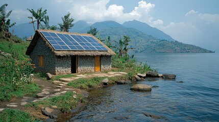 Naklejka premium Lakeside stone hut with solar panels