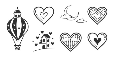 Whimsical HandDrawn Hearts and Hot Air Balloon Collection.
