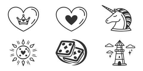 Whimsical Icon Set Heart Unicorn Sun Dice Lighthouse.
