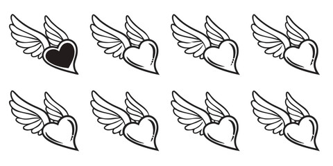 Winged Heart Icon Set Vector Illustration.