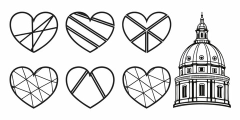 Abstract Heart Designs and Architectural Dome Illustration.