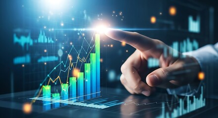 A hand interacting with a futuristic holographic financial chart displaying stock market growth and data analysis with glowing blue and green bars against a dark background