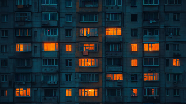 Nighttime view of a high rise apartment building with glowing orange windows creating a warm contrast against dark facades - Powered by Adobe