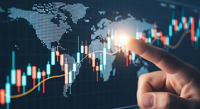 Close up of a finger touching a glowing digital world map overlayed on a stock market trading chart with rising and falling candlesticks representing financial data and global economy