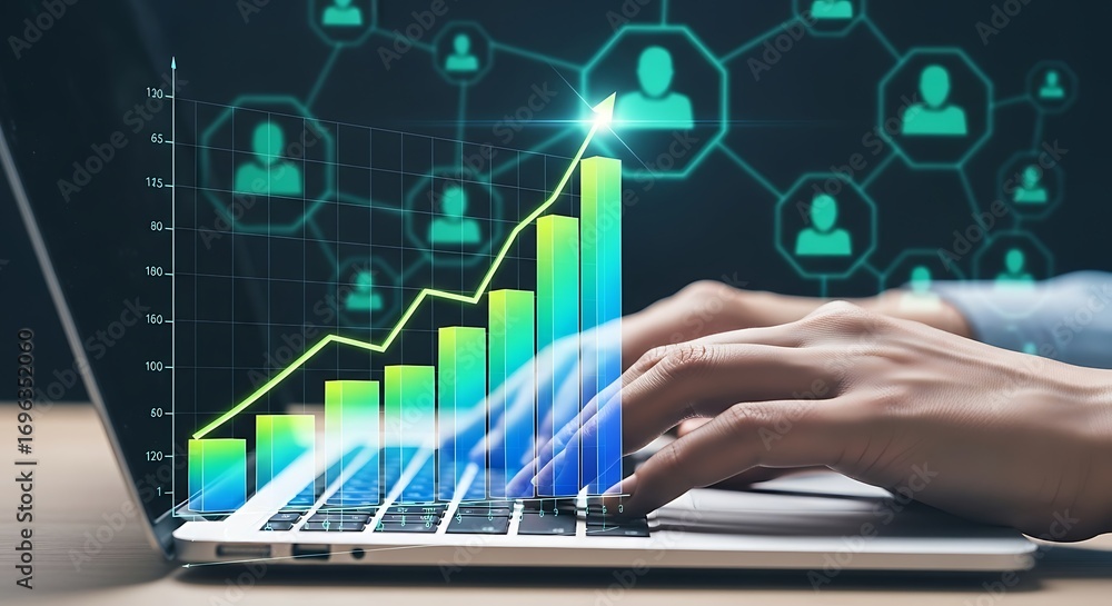 Poster close up of hands typing on a laptop with a glowing financial growth chart and network of people ico