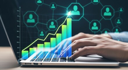 Close up of hands typing on a laptop with a glowing financial growth chart and network of people icons overlaid representing business success and data analysis