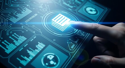 Close up of a human finger touching a glowing blue digital interface with layered data icons and circuit board patterns on a dark background symbolizing technology and information