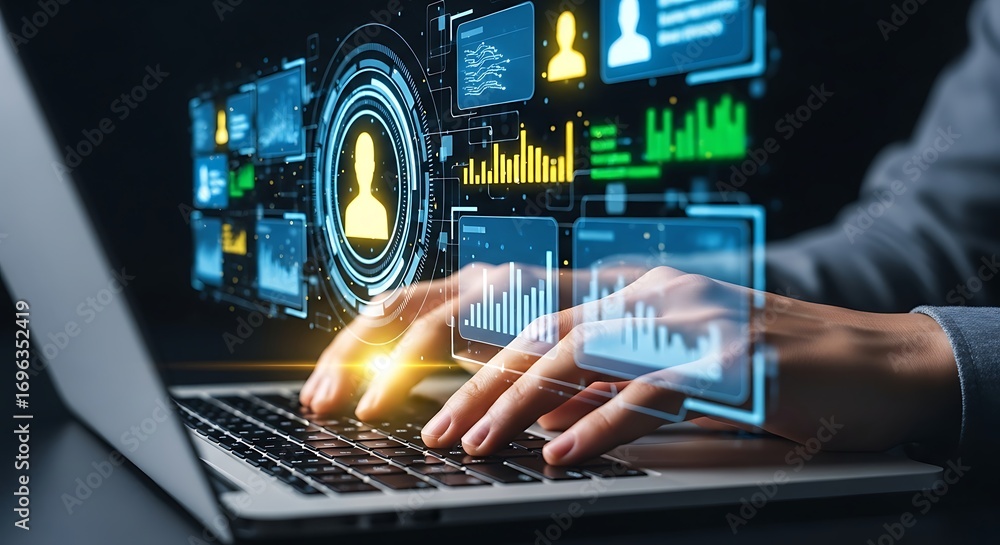 Fototapete close up of hands typing on a laptop with a futuristic holographic interface displaying data charts 