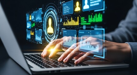 Close up of hands typing on a laptop with a futuristic holographic interface displaying data charts and user profiles in a dark high tech environment