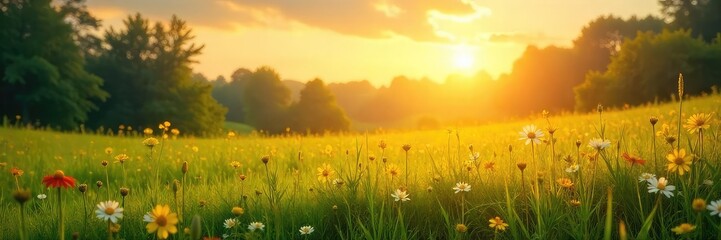 Fototapeta premium Serene landscape of a sun-drenched meadow, bathed in golden light, evoking a sense of spiritual peace and tranquility Perfect for concepts of divinity, nature, and serenity , picturesque, nature
