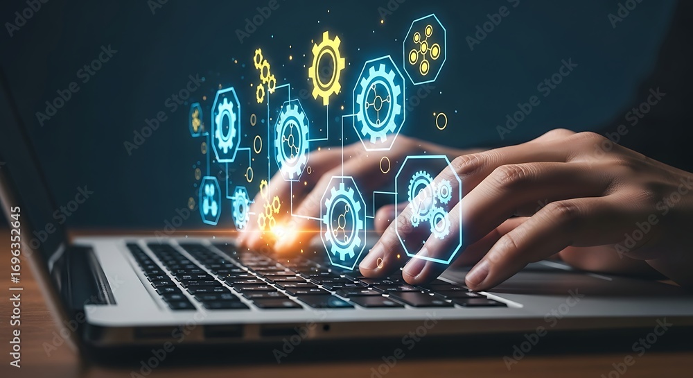 Fototapete close up of hands typing on a laptop keyboard with glowing futuristic digital technology interface a