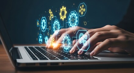 Close up of hands typing on a laptop keyboard with glowing futuristic digital technology interface and abstract geometric shapes emerging from the screen representing data and innovation