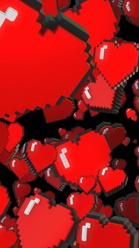 Seamless vertical video animated background of pixel hearts arcade videogame. 