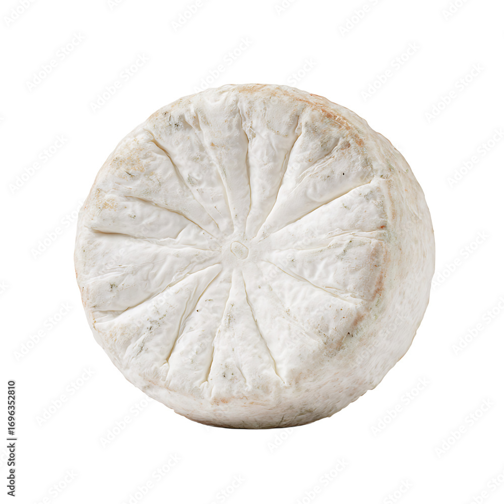 Poster close - up of a mold - ripened cheese wheel on a transparent background showcasing its distinct text