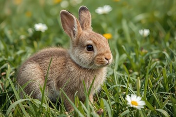 Fototapeta premium Young rabbit resting in a lush green field