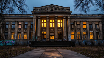 Obraz premium Abandoned neoclassical building with glowing windows at dusk, graffiti on walls, and overgrown vegetation in the foreground.