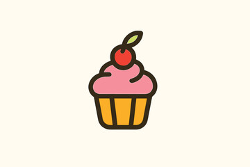 Colorful cartoon cupcake icon with pink frosting and cherry.