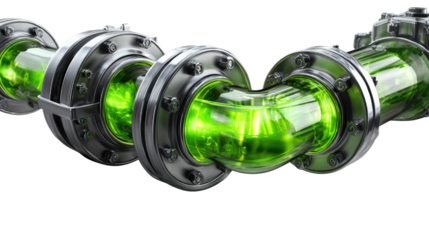 Glowing Liquid Conduit: A close-up shot of an industrial pipe system with luminous green liquid flowing through, creating a mesmerizing visual of energy transfer and scientific exploration.