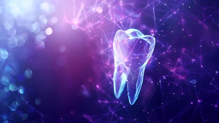 A digital artwork featuring a stylized tooth surrounded by a network of interconnected lines and dots, set against a vibrant purple and blue background. The tooth is rendered in a translucent. - Powered by Adobe