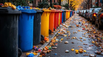 Colorful recycling bins overflow on a city street, with litter scattered around