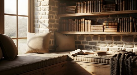 Cozy Rustic Aesthetic Reading Nook with Bookshelves and Window Seat