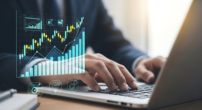 Businessman analyzing financial stock market data on a laptop with a glowing holographic chart overlay representing growth and investment strategies