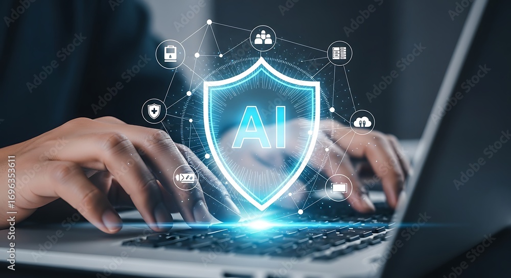 Poster digital shield of artificial intelligence and cybersecurity protecting data and privacy on a laptop 