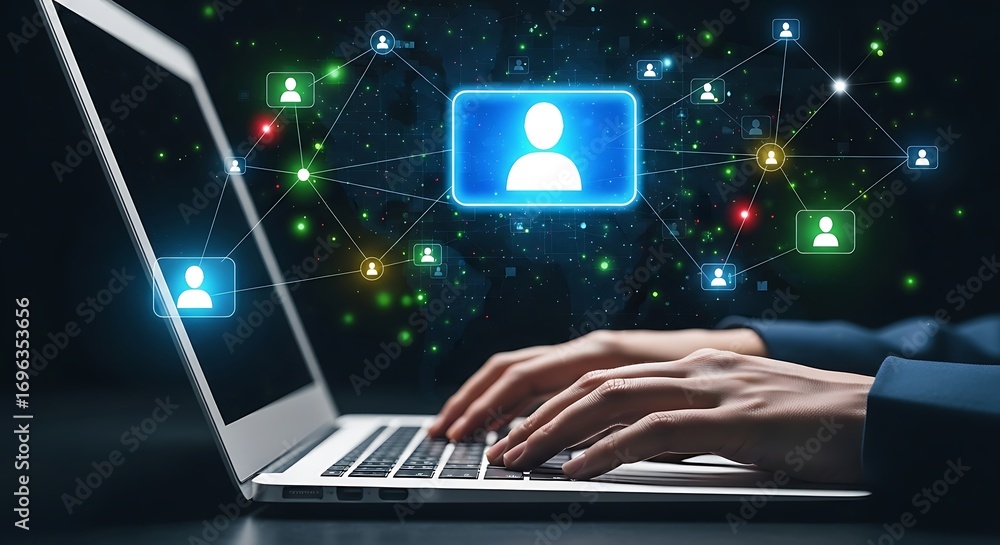 Poster close up of hands typing on a laptop with glowing digital human icons and network connections in the