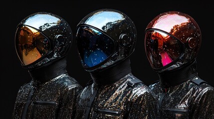 Three futuristic astronaut helmets in gold, blue, and copper