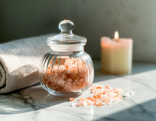 Relaxing spa scene with pink himalayan salt in a glass jar and a lit candle
