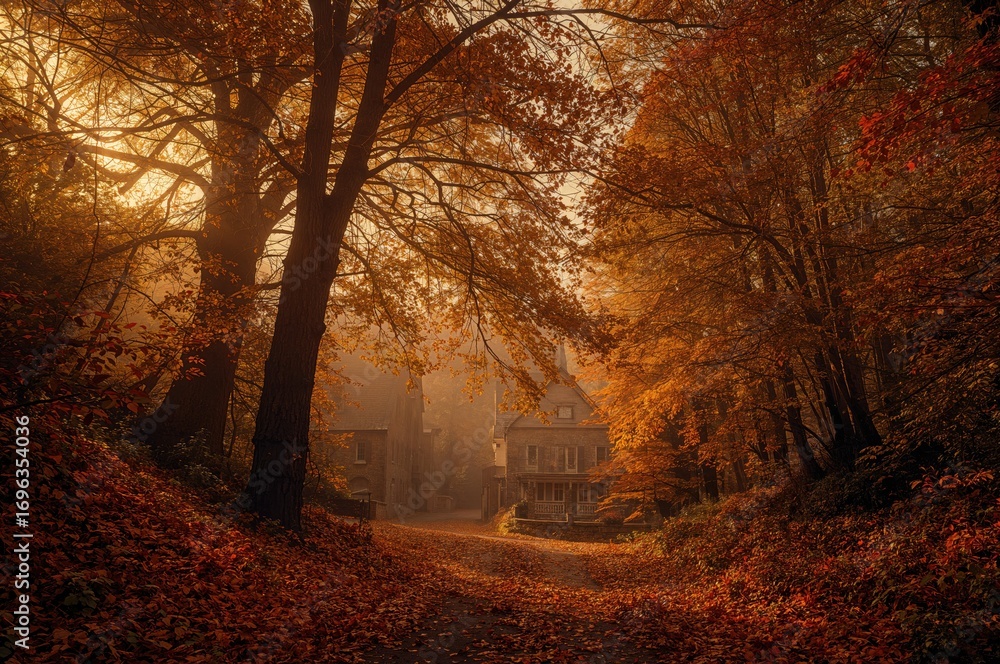 Poster trees with autumn-colored leaves surrounding structures