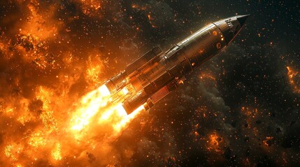 Fiery rocket launch amidst cosmic debris and flames