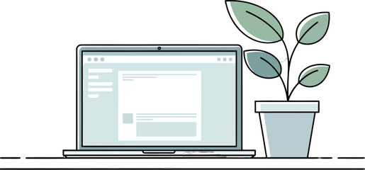 Laptop Plant Desk Minimalist, Modern Workspace Laptop, Clean Laptop Design, Work From Home Setup, Simple Office Background