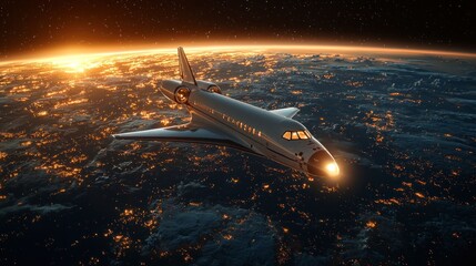 Private jet soaring above Earth at sunset