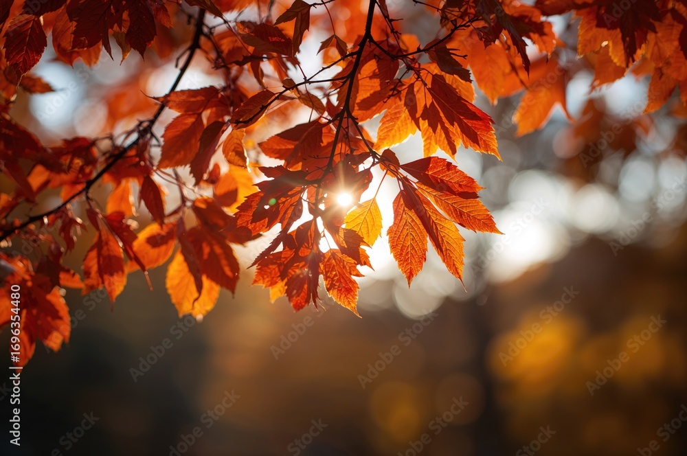 Poster sunlit autumn foliage with soft-focus trees in the backdrop
