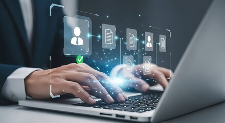 Close up of a person s hands typing on a laptop keyboard with a holographic display of user profiles and data visualizations emerging from the screen representing digital networking and technology