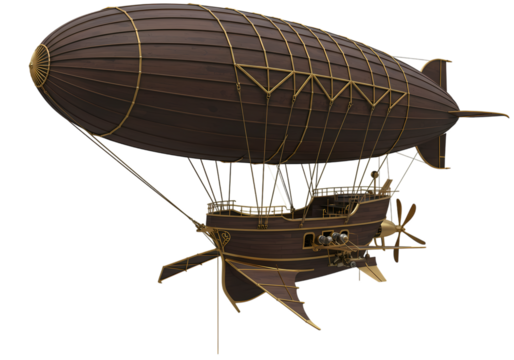 Steampunk Airship Brown Gold Dirigible with Gondola Illustration isolated on transparent background
