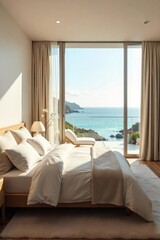 Sun-drenched minimalist bedroom with plush bedding, overlooking a tranquil ocean vista Exquisite textures and calming colors create a haven of peaceful luxury , house, ocean