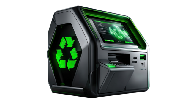 Eco-Friendly Recycling Machine: A sleek, futuristic recycling machine, emblazoned with a green recycling symbol, stands ready to transform waste into valuable resources.