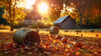 A vivid autumnal scene featuring a hay bale and pumpkins on a carpet of fallen leaves. The sun casts a warm, golden hue over the scene, creating a serene atmosphere. The pumpkins.