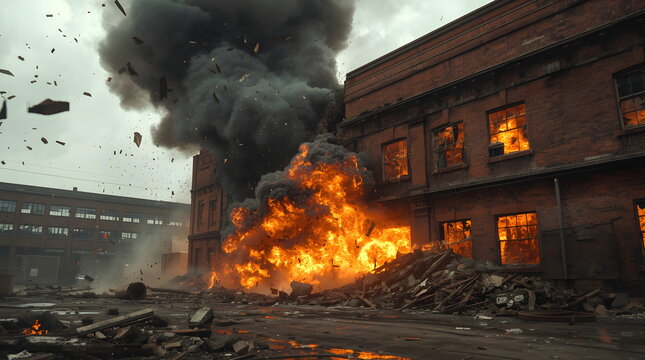 Chaotic urban building explosion with fire and flying debris