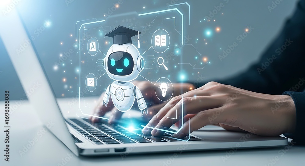 Poster close up of a person s hands typing on a laptop keyboard with a holographic ai robot wearing a gradu