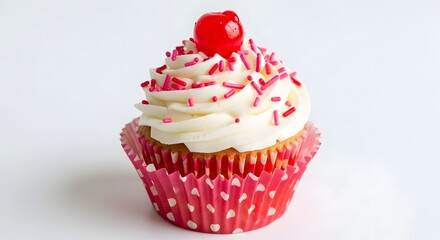 Delicious Cupcake with Cherry on Top and Pink Sprinkles