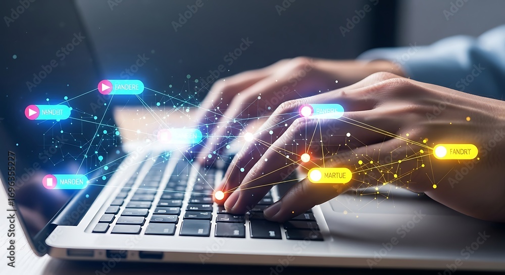 Fototapete close up of hands typing on a laptop keyboard with glowing digital data streams and network connecti