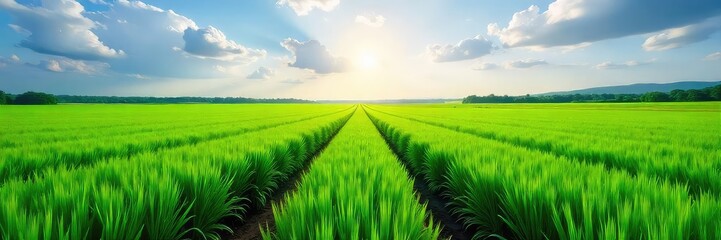Vast expanse of lush green plantation land, rows of crops stretching to the horizon under a bright sky Ideal for agriculture, farming, and environmental themes , farm, rows, acreage