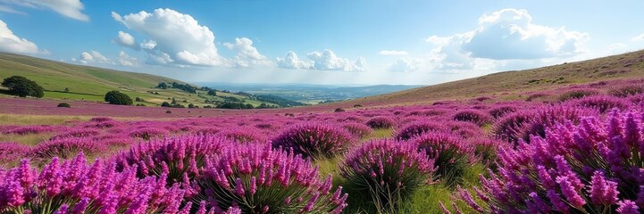 Naklejka premium Vast expanse of vibrant purple heather blooming across a moorland landscape under a bright summer sky Wildflowers, rolling hills, nature, scenic view, idyllic countryside , summer, bloom