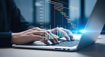 Close up of hands typing on a laptop with a futuristic digital data stream overlaying the screen representing technology and coding