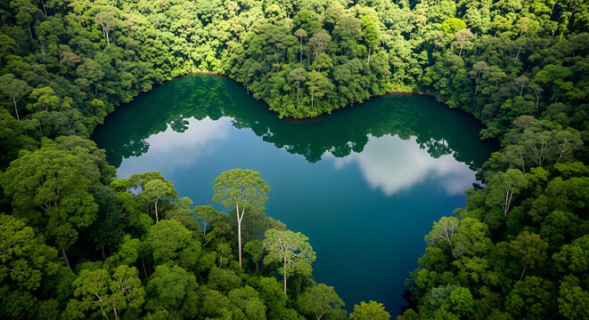 Aerial view of a heart shaped lake reflecting the lush green canopy of a tropical rainforest