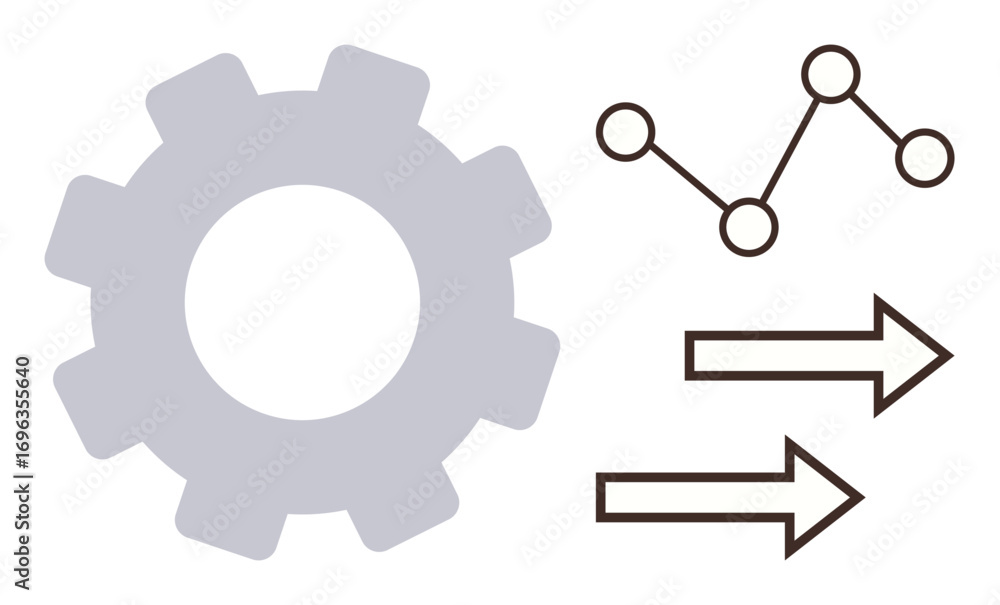 Poster gear with line graph and directional arrows highlighting processes, workflow, optimization, and deve