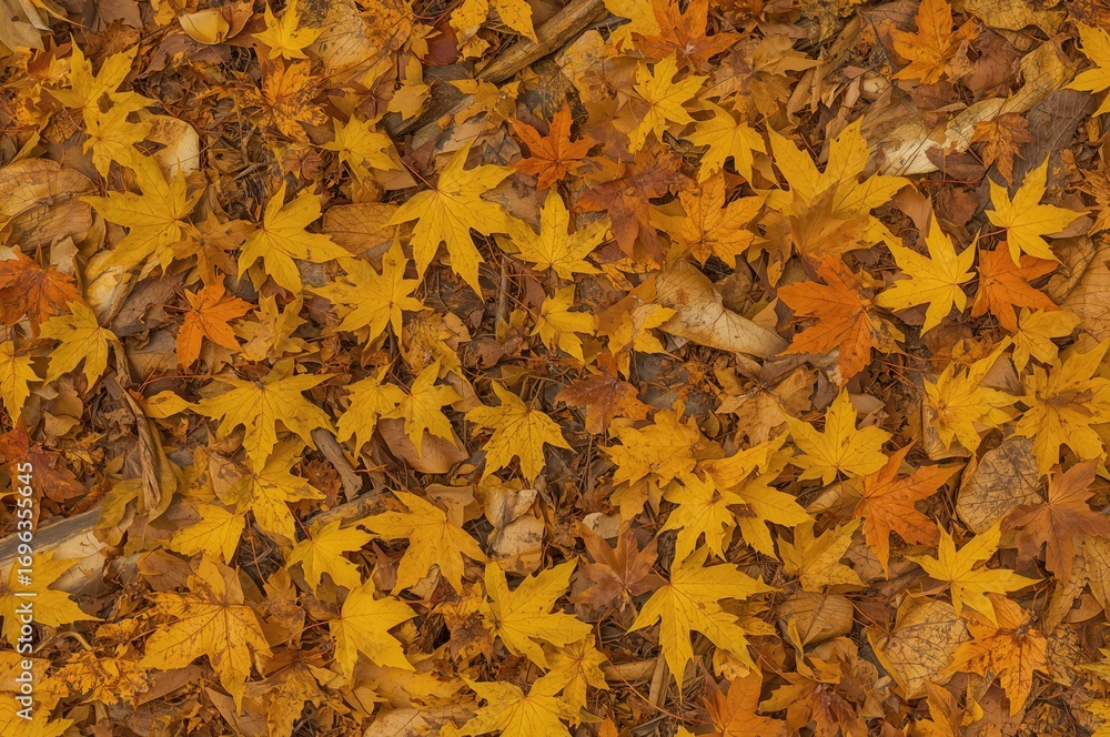 Poster golden maple leaves scattered on the ground in an autumn setting